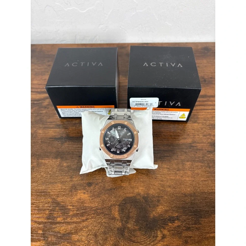 Activa by Invicta Mens Dual Time Watch ACWM303-004 Silver Rose Gold Octagon New